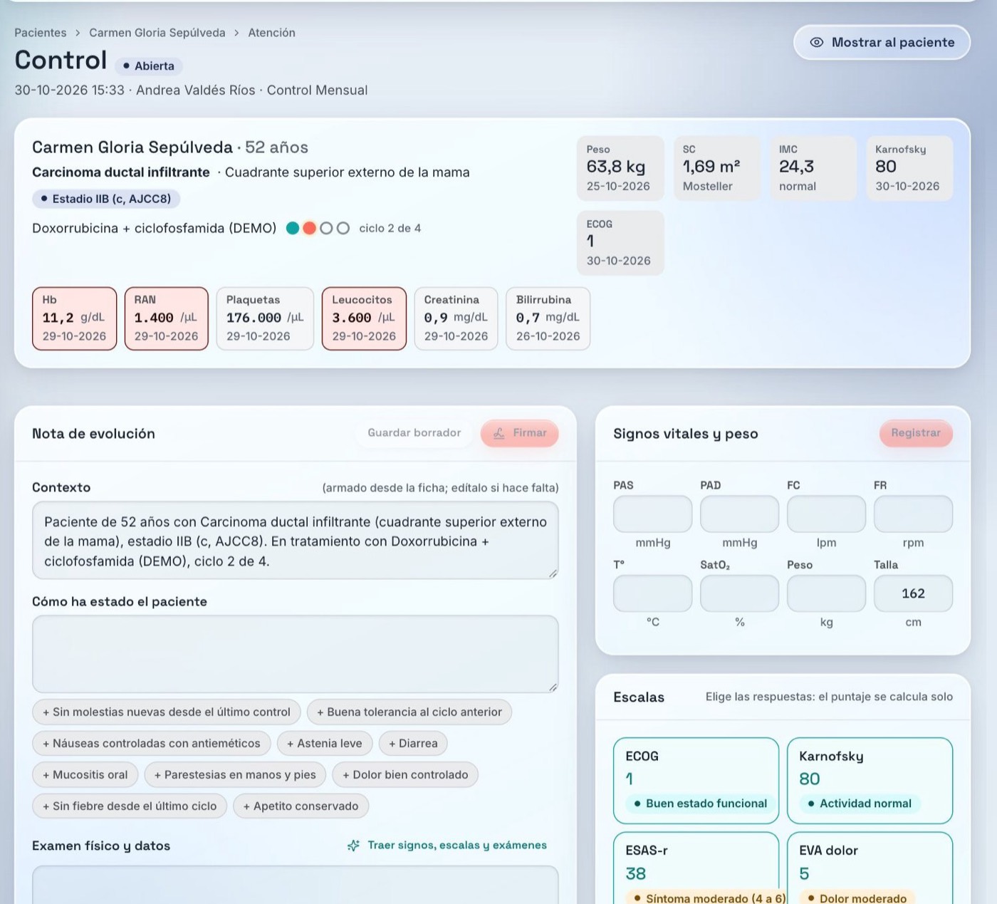 Pantalla de CrowIQ Oncología con datos ficticios