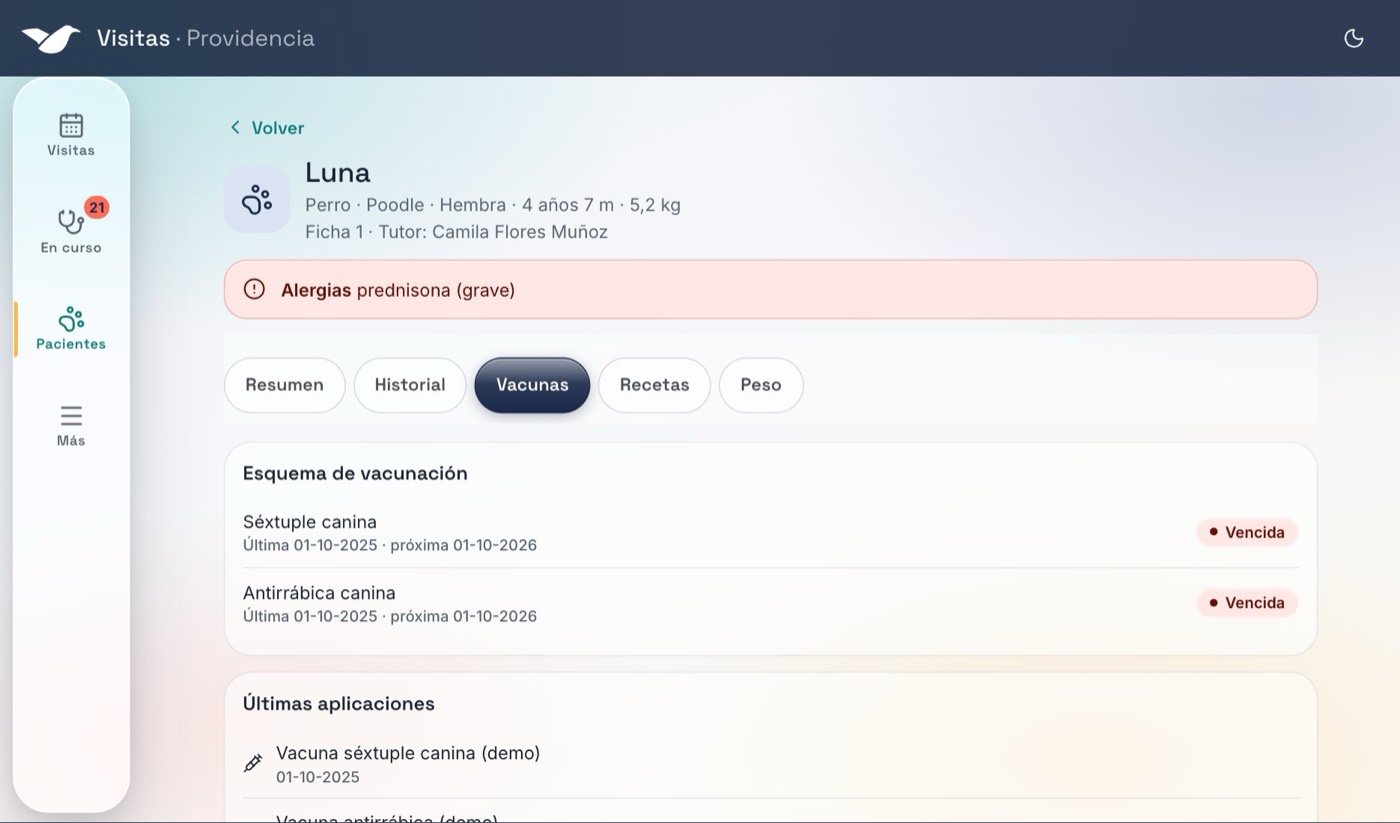 Ficha del paciente en la app